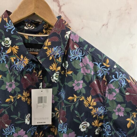 Wildfang Shirt Womens Large Floral Button Up Boxy Cropped Wildflower Navy - Picture 10 of 11